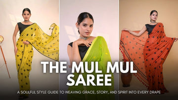 Woman in a Mul Mul saree with traditional jewelry, exuding elegance.