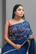 Blue Linen saree with Hand Embroidery - second