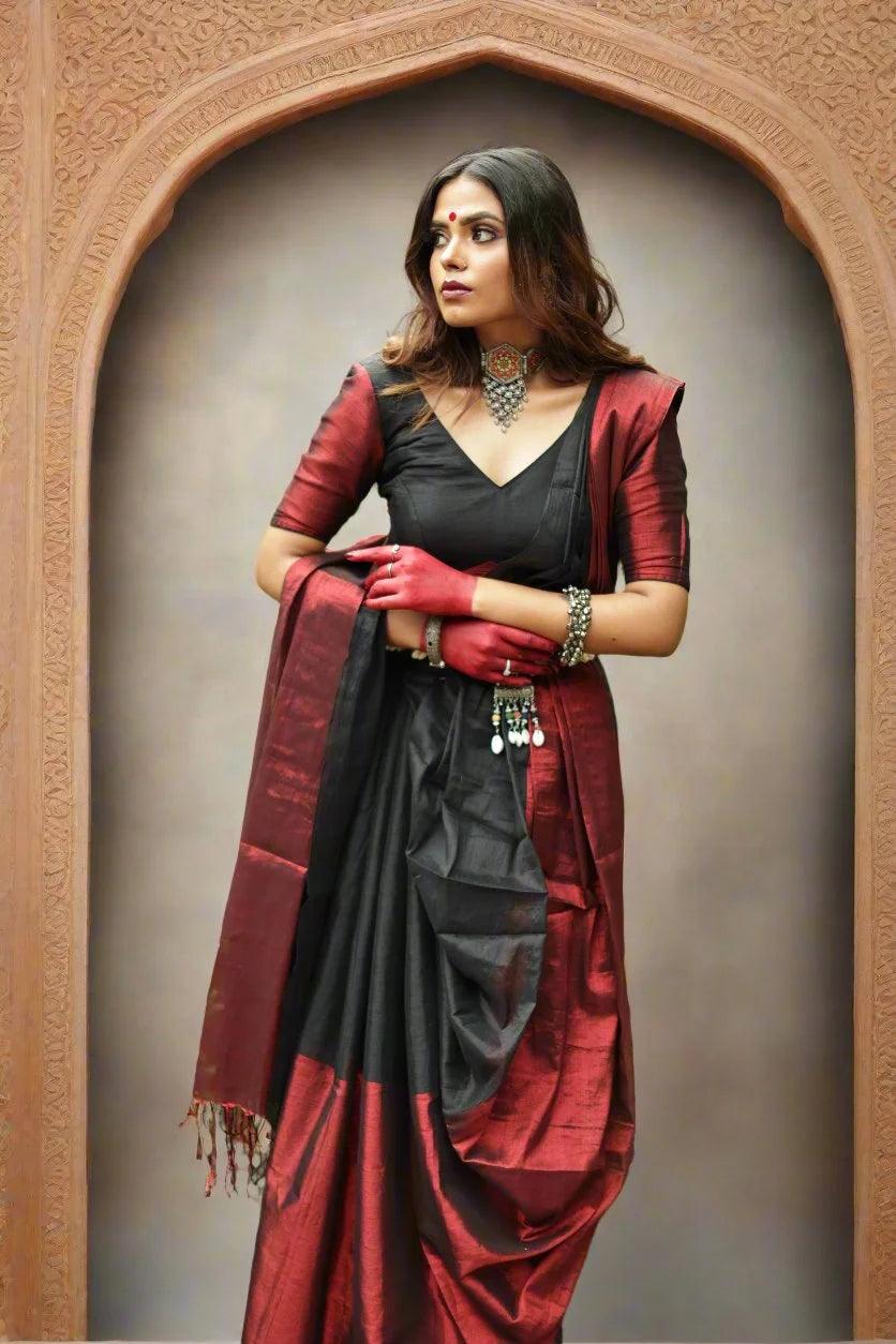 "Blackrose" Black & Red Handloom Tissue Saree - first