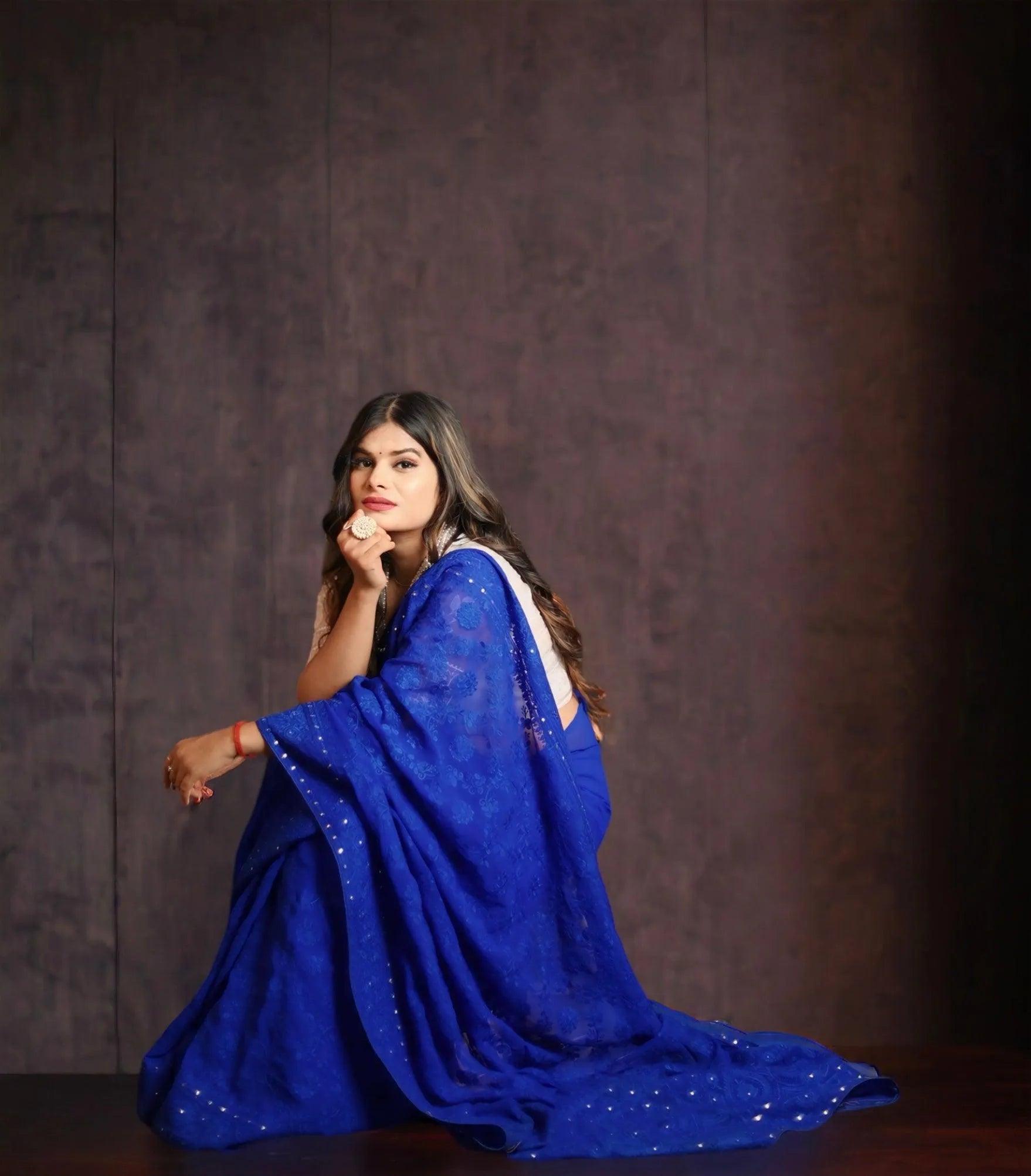 Blue chikankari chiffon saree - third