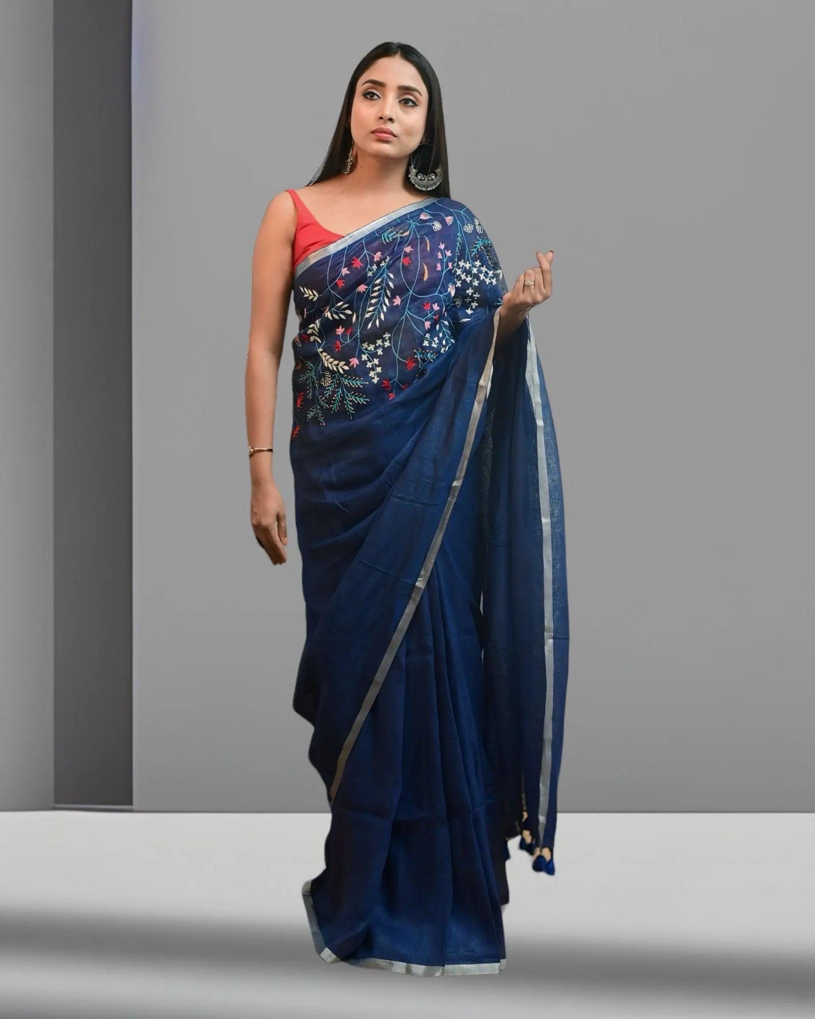 Blue Linen saree with Hand Embroidery - first