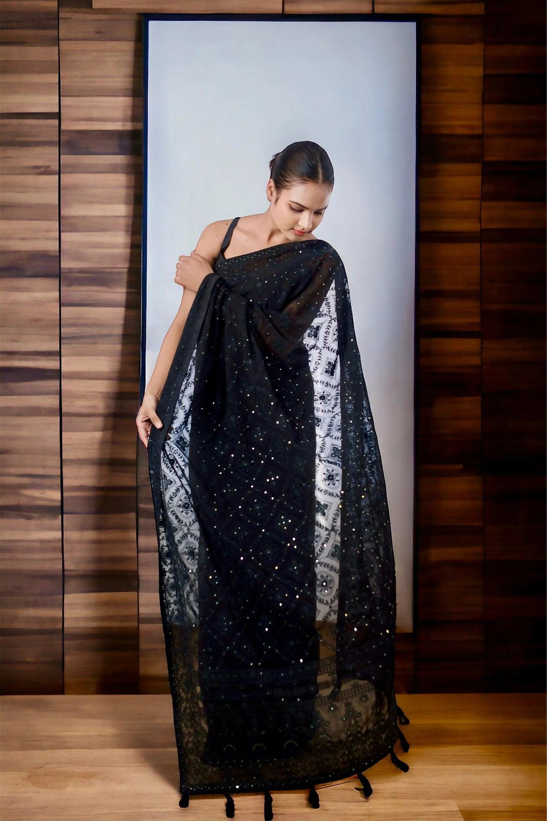 Black chikankari chiffon saree - first