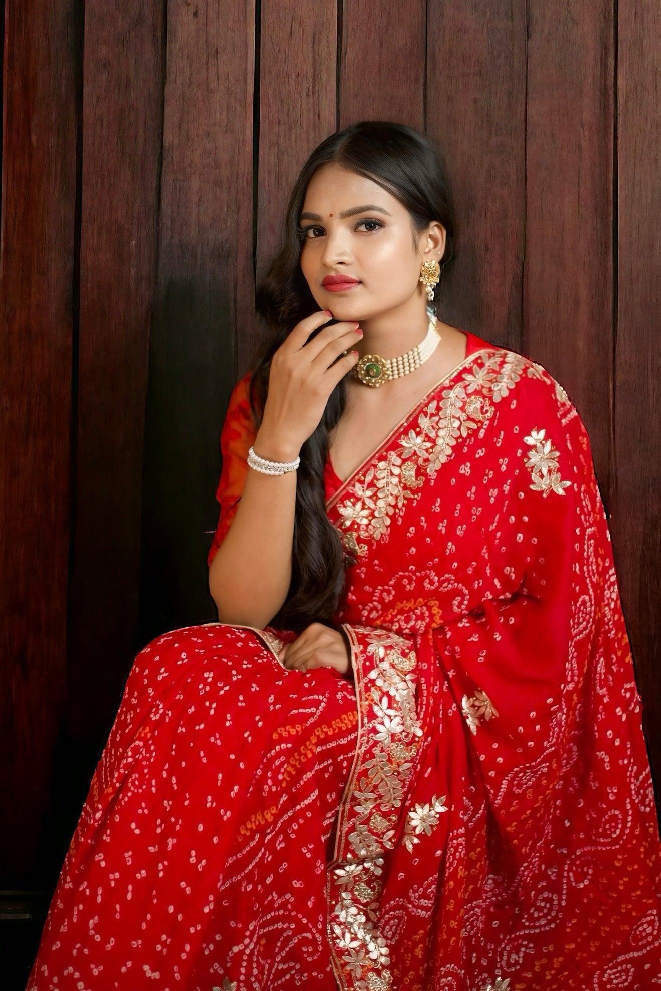 Red Pure crep Silk rai Bandhani Gotapatti Work Saree