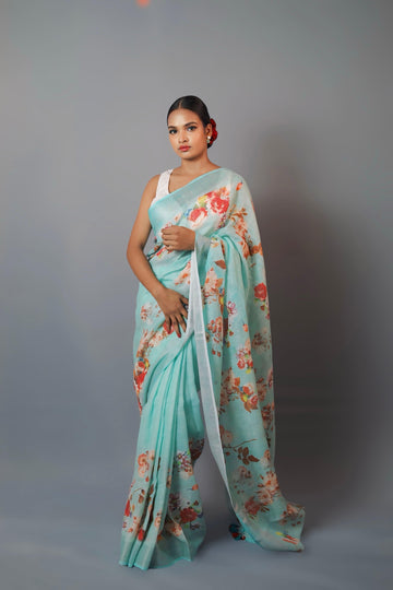 Sea green Linen saree with multicolour digital print