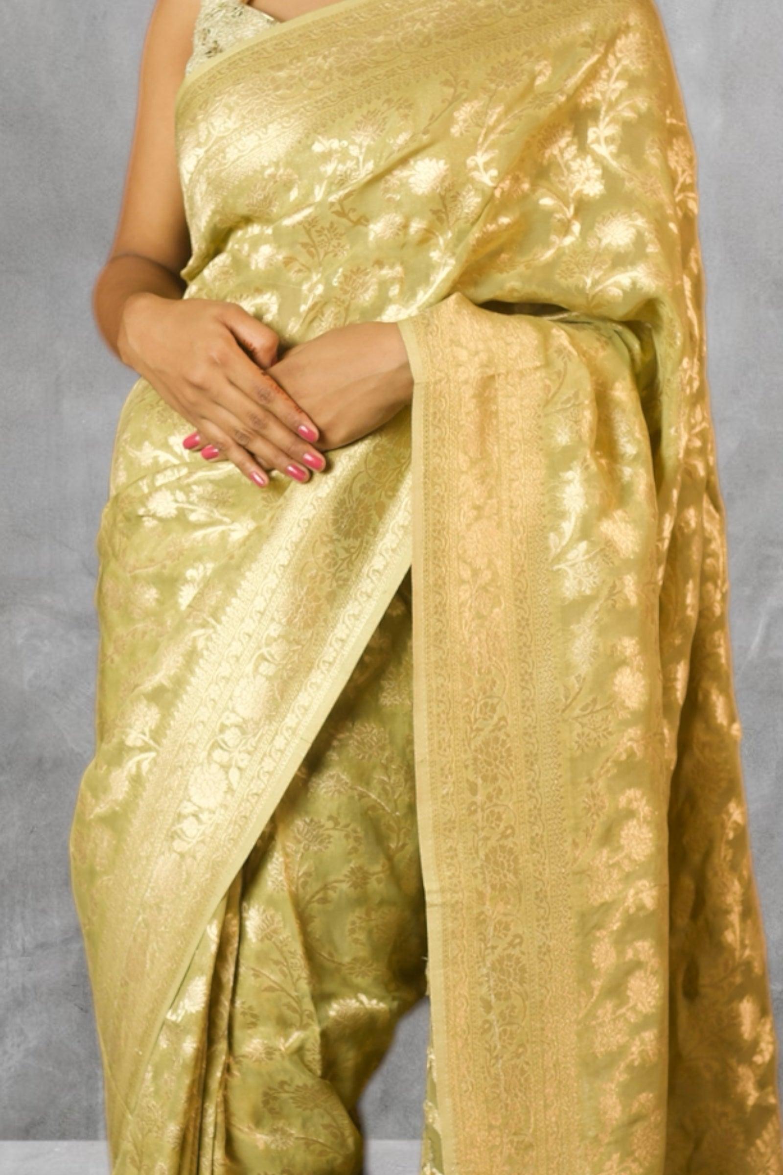 Green Georgette Banarasi Saree with water zari jaalwork - second