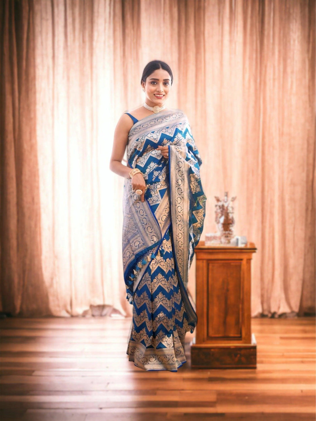 Cobalt Blue Handwoven Katan Patola Silk Banarasi Saree - first