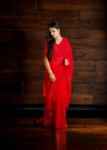 Red chiffon saree with chichankari embroidery