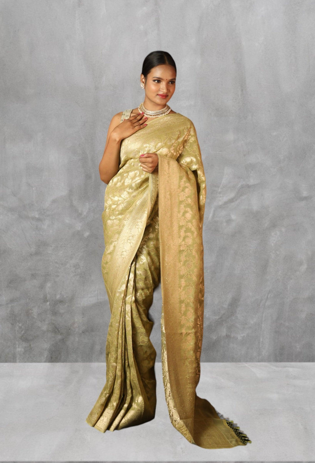 Green Georgette Banarasi Saree with water zari jaalwork - first