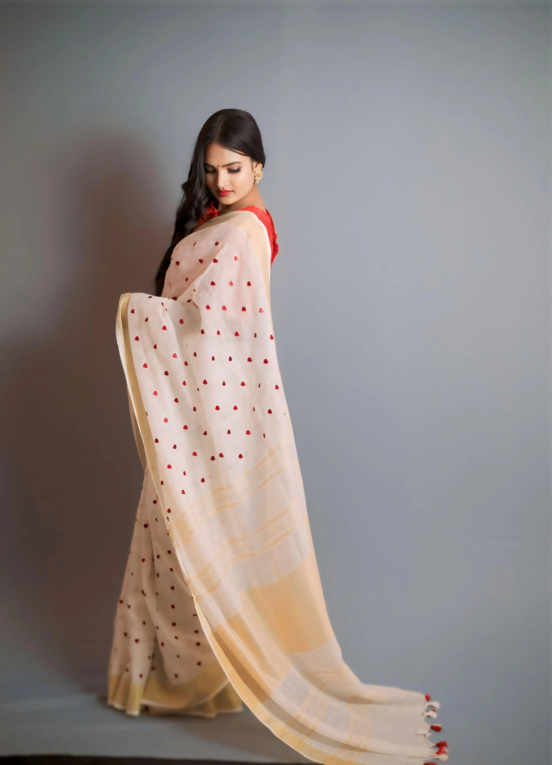 Beige Linen saree with Red Embroidery - first