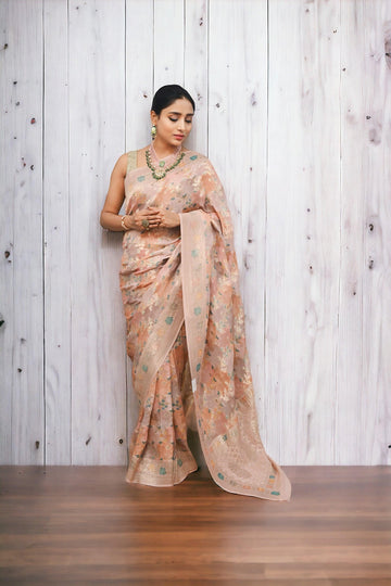 Pink and grey Rangkat Semi Georgette Banarasi Saree