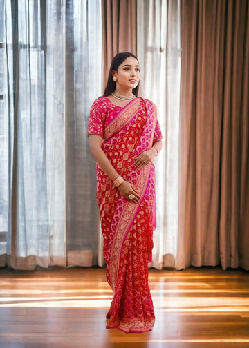 Rani-pink and Red Shaded Pure Khaddi Georgette Banarasi
