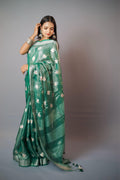 Green Tissue Linen saree with white flower embroidery - third