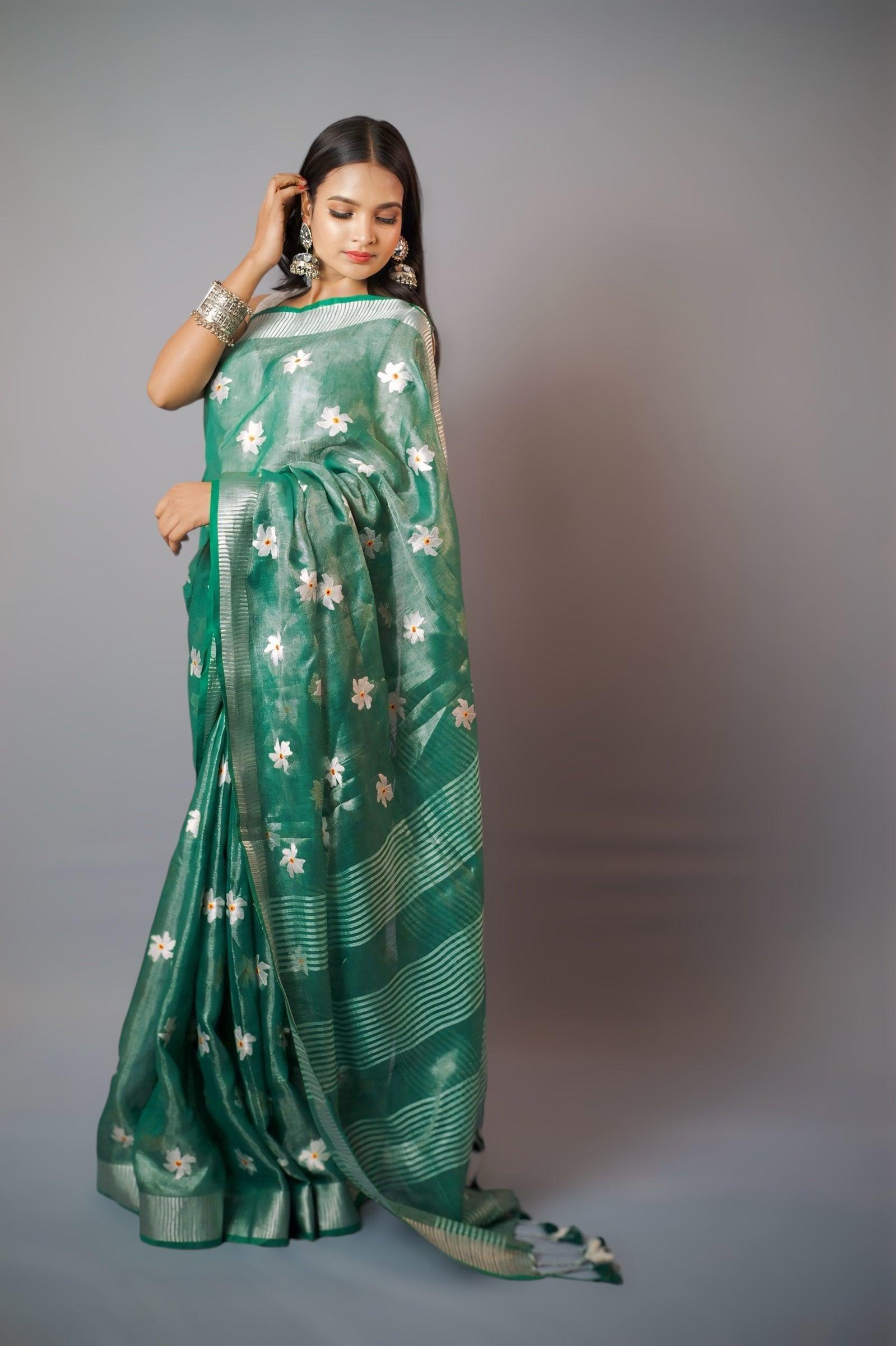 Green Tissue Linen saree with white flower embroidery - third