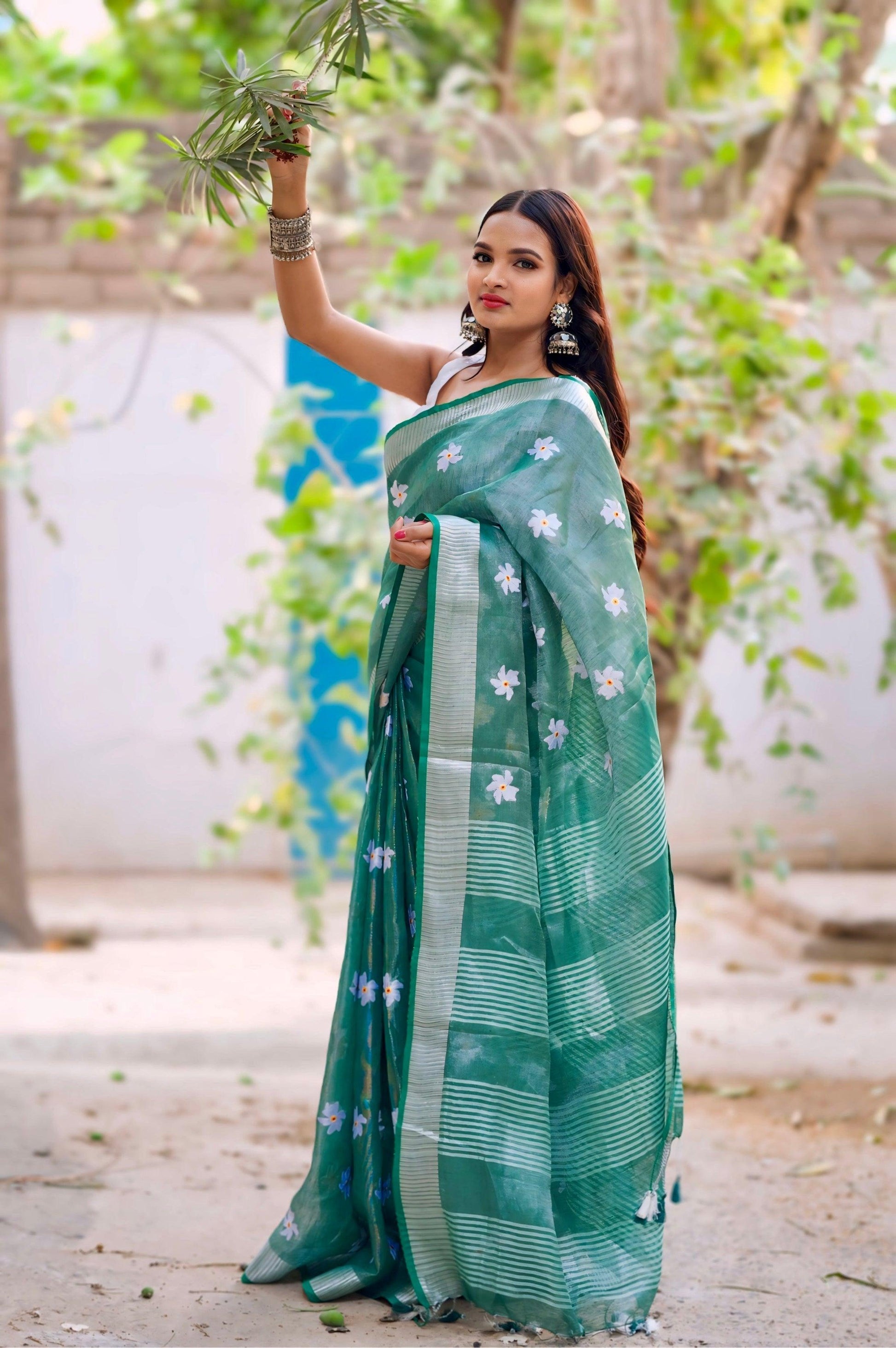 Green Tissue Linen saree with white flower embroidery - second
