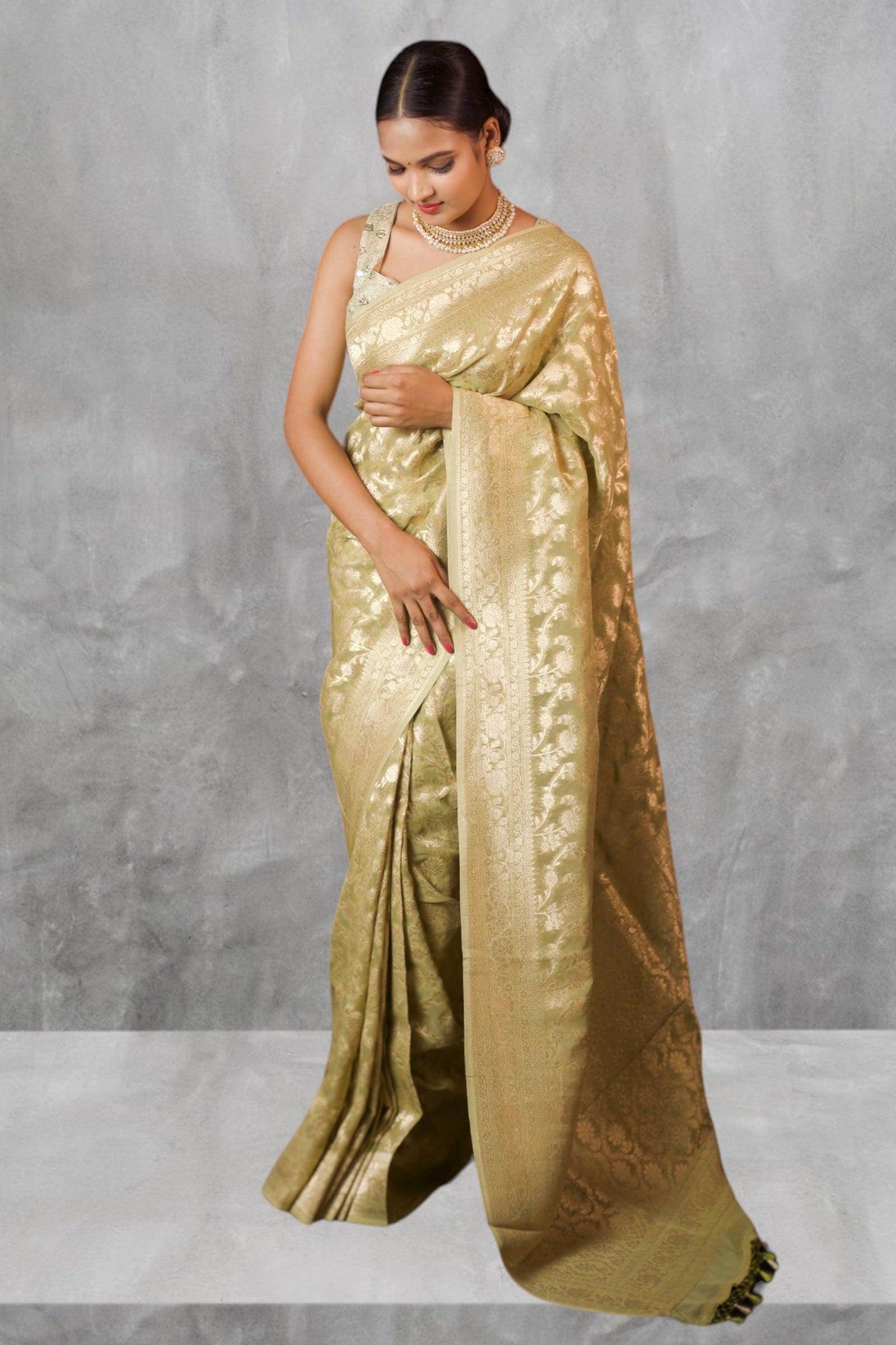 Green Georgette Banarasi Saree with water zari jaalwork - third