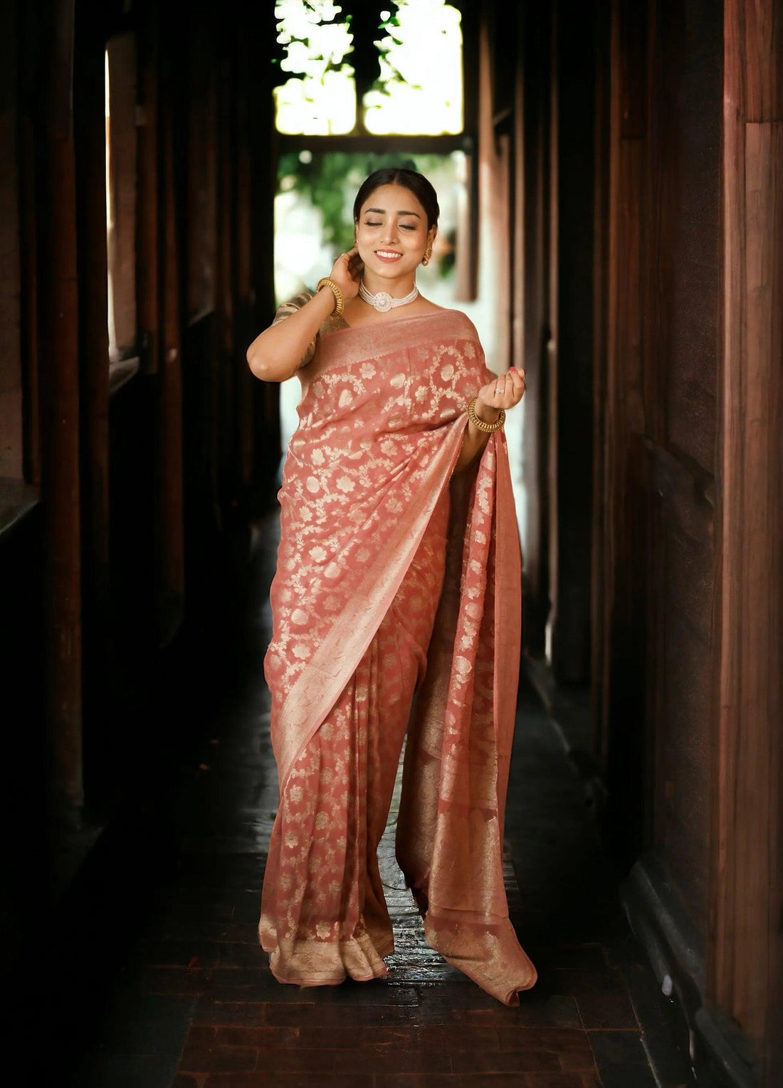 Carrot red Georgette Banarasi Saree with copper Zari jaal work - first