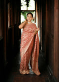 Carrot red Georgette Banarasi Saree with copper Zari jaal work - first