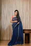 Blue Linen saree with Hand Embroidery - third