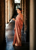 Carrot red Georgette Banarasi Saree with copper Zari jaal work - second