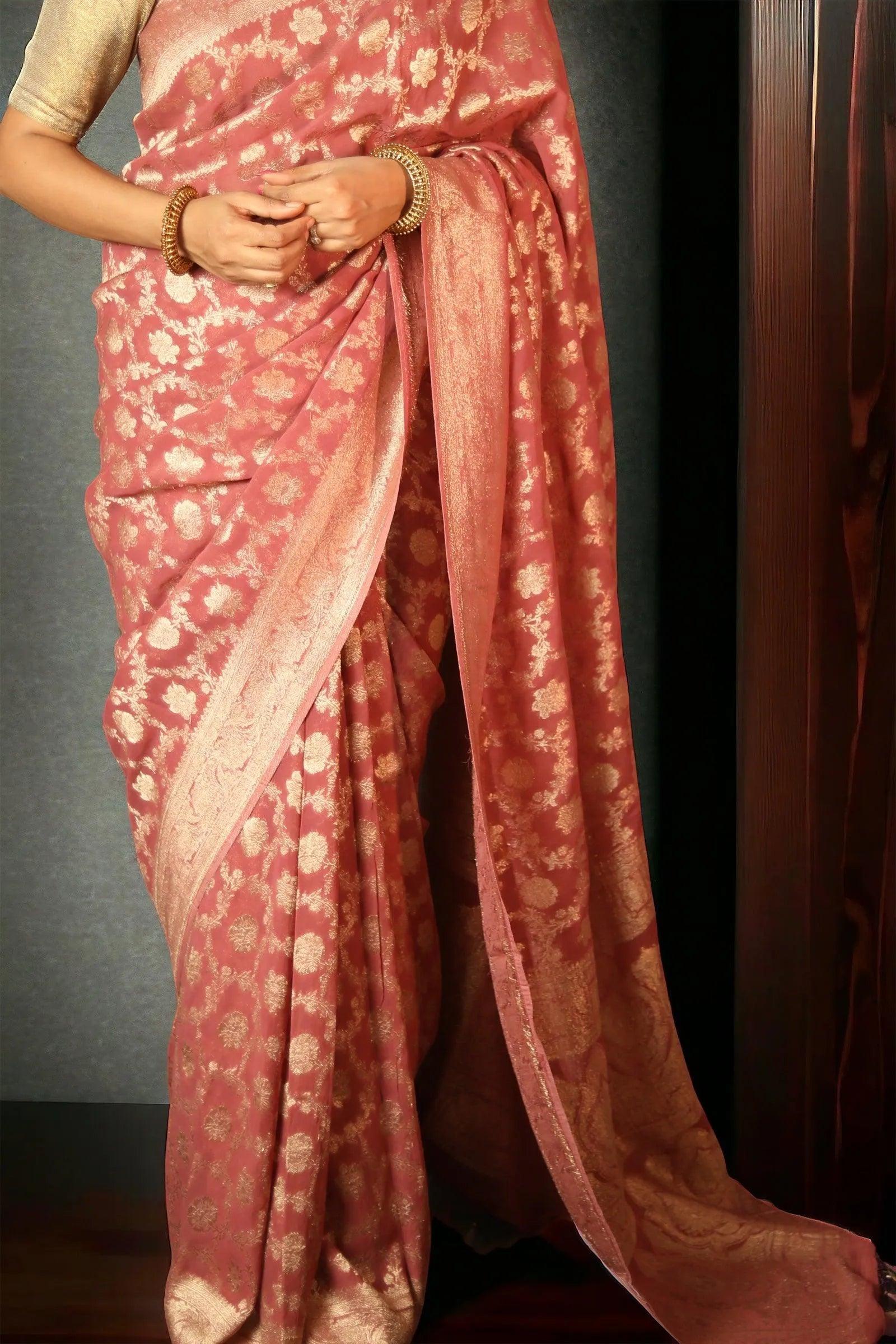 Carrot red Georgette Banarasi Saree with copper Zari jaal work - third