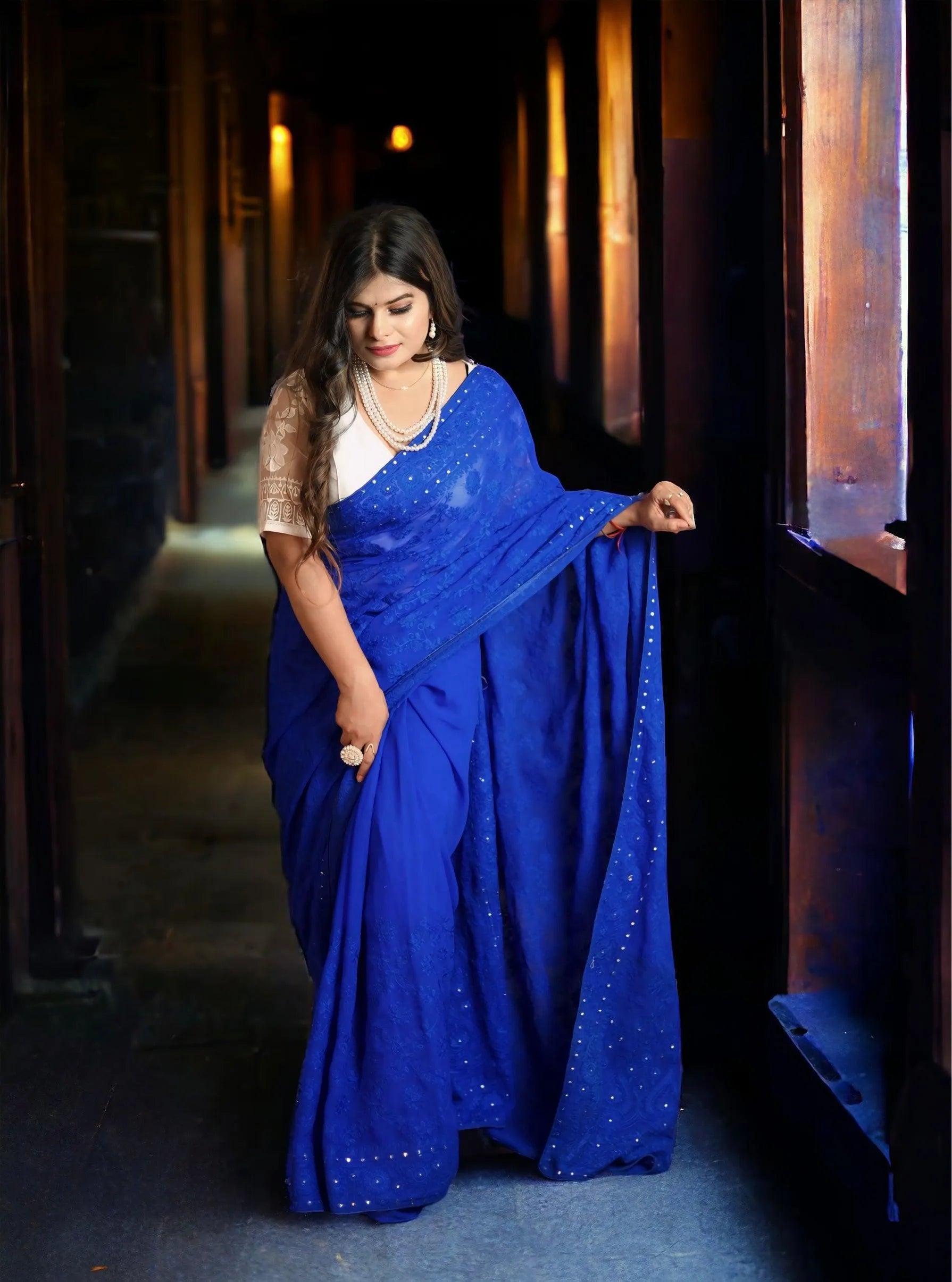 Blue chikankari chiffon saree - first