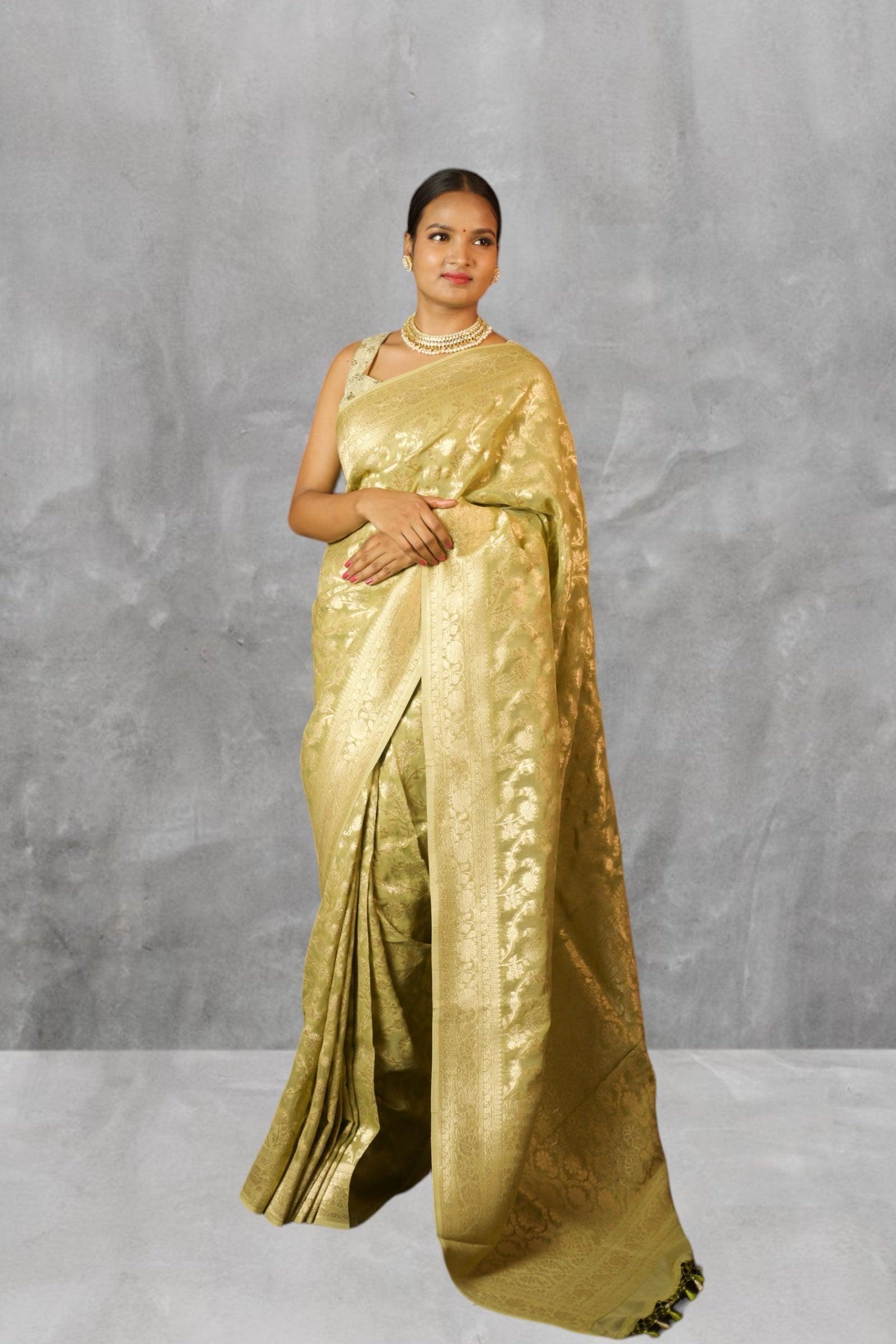 Green Georgette Banarasi Saree with water zari jaalwork - fourth