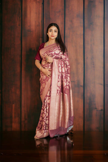 Wine Khaddi Georgette Banarasi Saree with copper Zari Jaal work