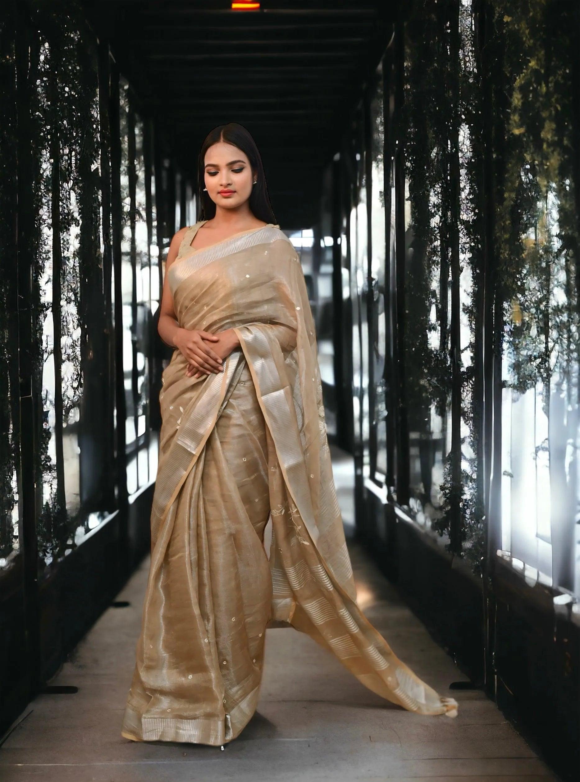 Beige Tissue Linen saree - second