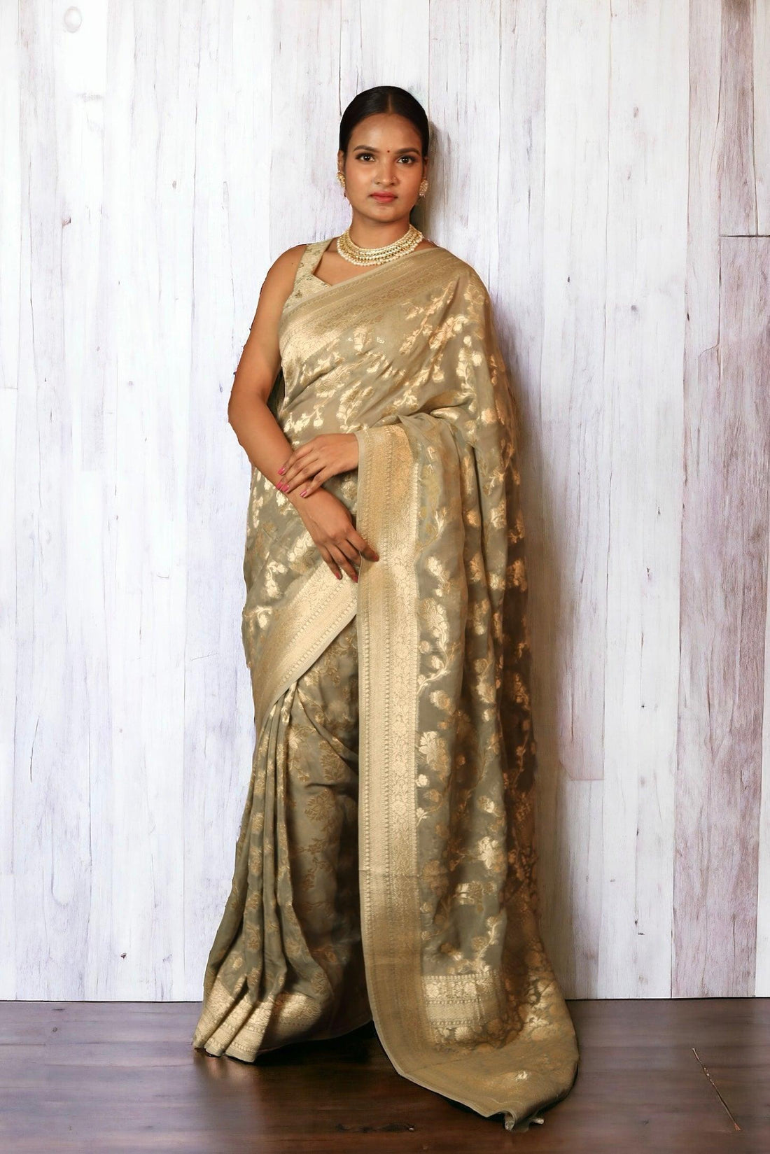Grey semi Georgette Banarasi sari with water zari jaalwork - first