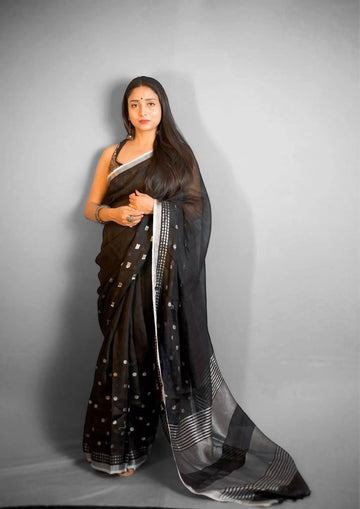 Black Linen saree with weaving Butta - first