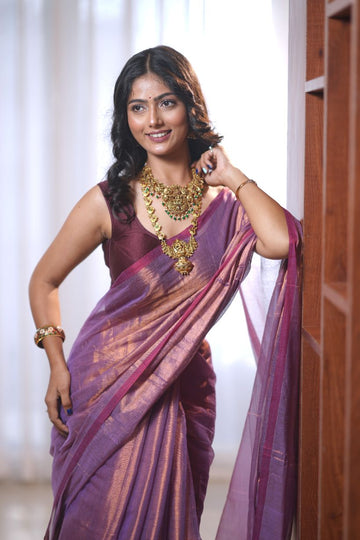 Amba | Metallic Pink handwoven tissue saree with solid Border