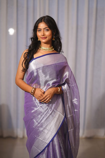 Chhaya | Metallic Blue handwoven tissue saree with Temple Border
