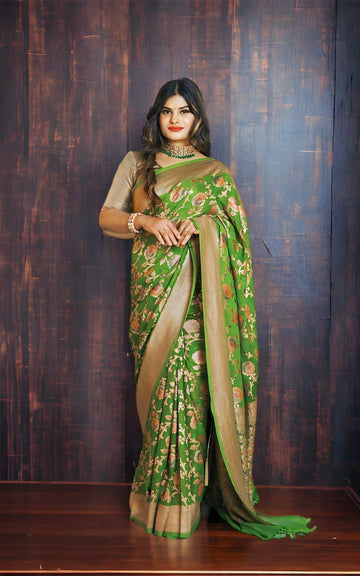 Parrot green Khaddi Georgette Banarasi Saree with hand brush Minakari
