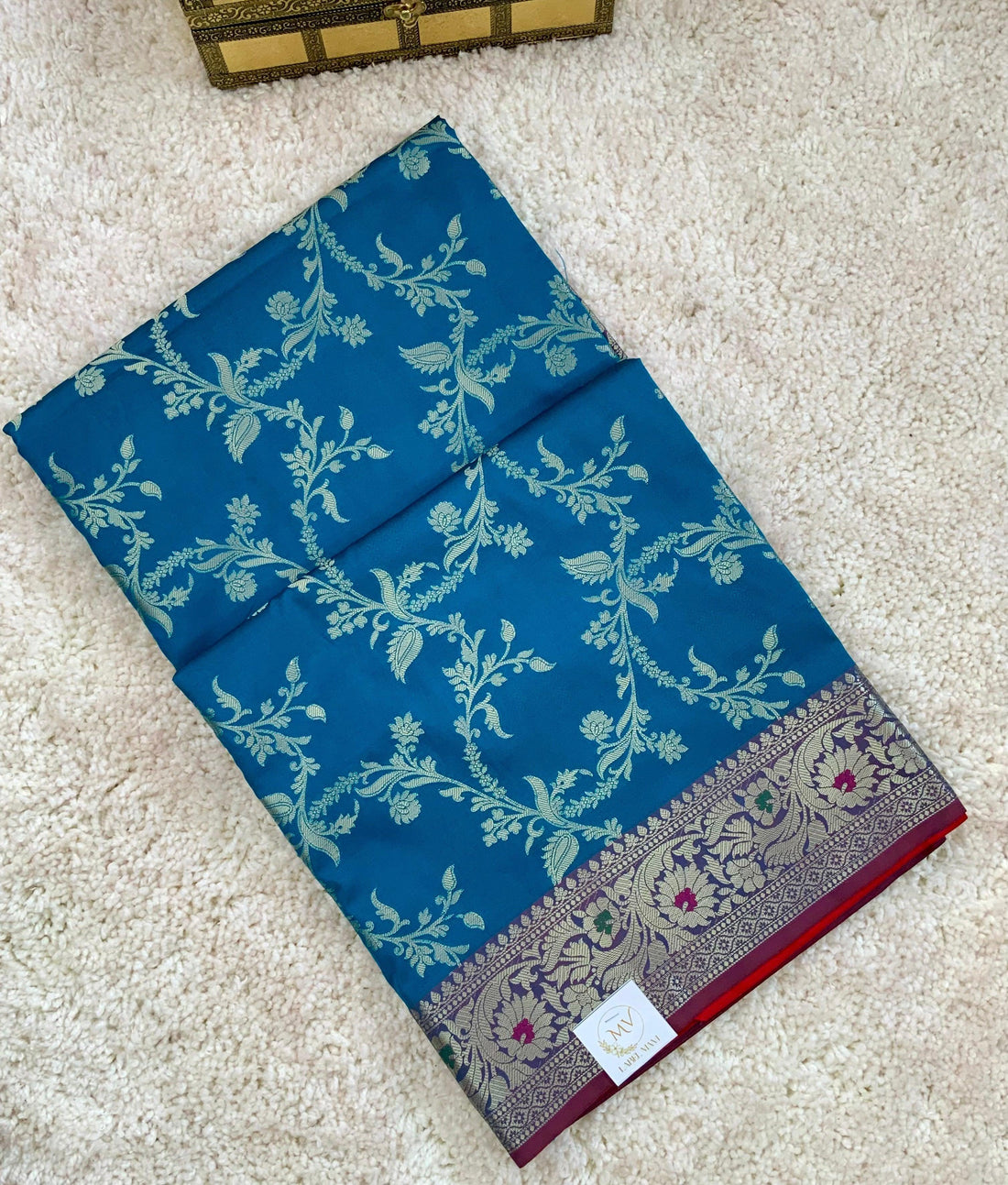 Alba Blue Semi Katan silk Banarasi Saree - first