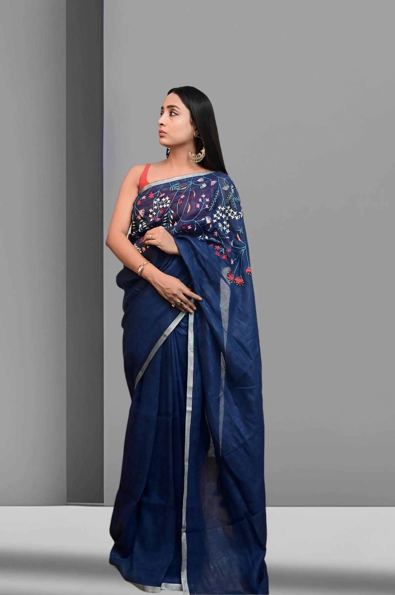 Blue Linen saree with Hand Embroidery - fourth