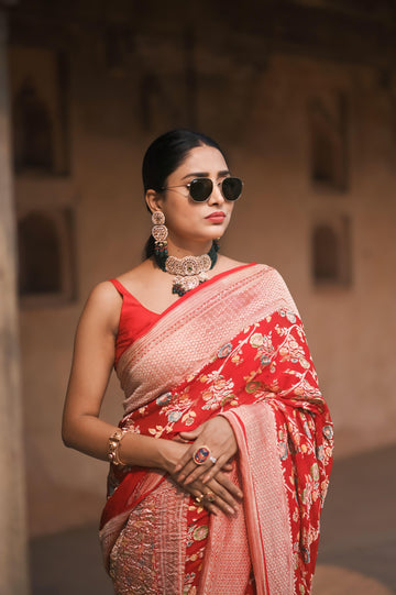 Red Khaddi Georgette Banarasi Saree with handbrush Minakari