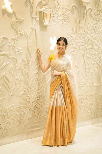 "Sunahari" Gold And Beige Handloom Tissue Saree