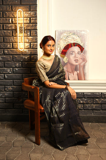 "Saujanya" Navy Blue Tissue strip saree