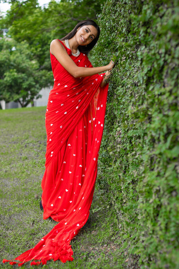 "Roohi" Red mulcotton saree with white heart embroidery