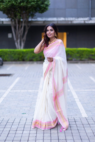 "Abha" Beige-pink Handloom Mul cotton saree