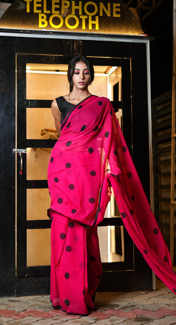 "Shama"| Pink and Black polka print mul cotton saree