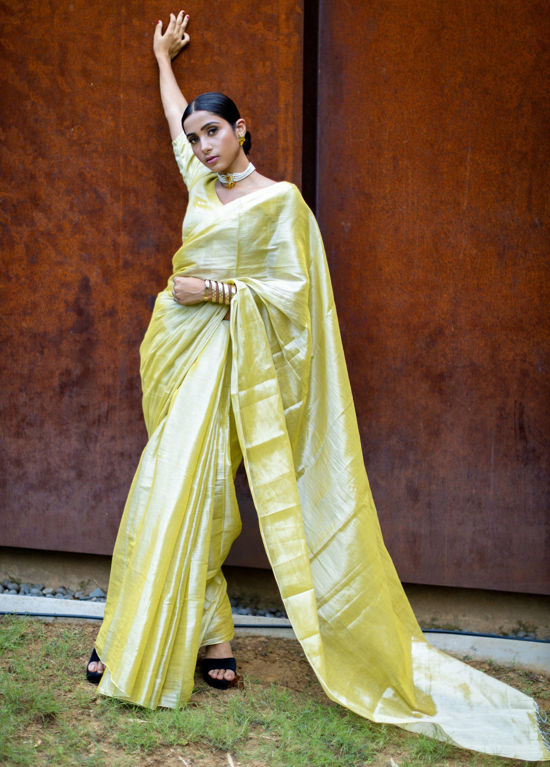 ''Noor'' Lime Green Handloom Glass Tissue Saree - first