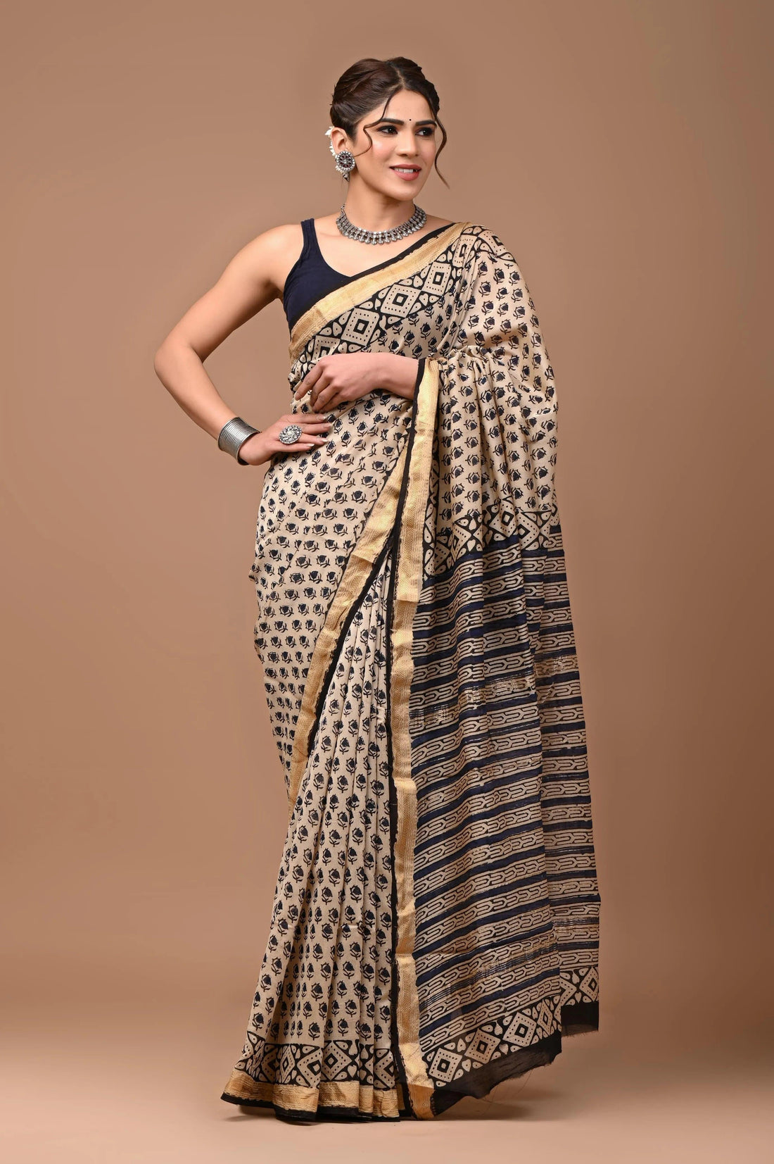 Beige Maheshwari cotton silk saree with unique hand block print - first