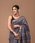 Grey Maheshwari cotton silk saree with hand block print - first