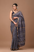 Grey Maheshwari cotton silk saree with hand block print - second