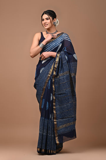 Navy Blue Maheshwari cotton saree with hand block print