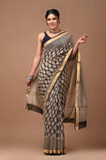 Beige Maheshwari cotton silk saree with hand block print fancy - first