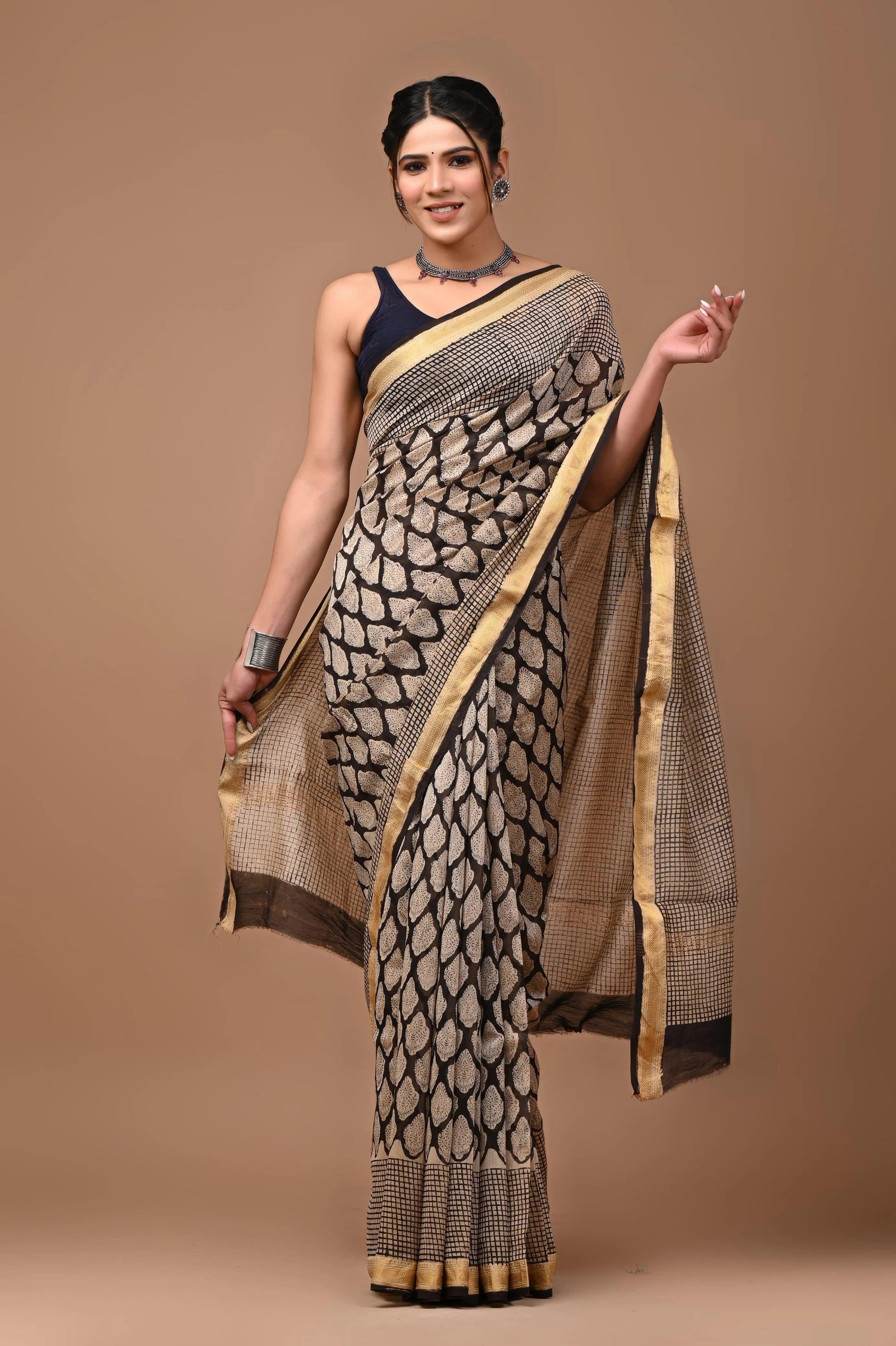 Beige Maheshwari cotton silk saree with hand block print fancy - first
