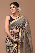 Beige Maheshwari cotton silk saree with hand block print fancy - second