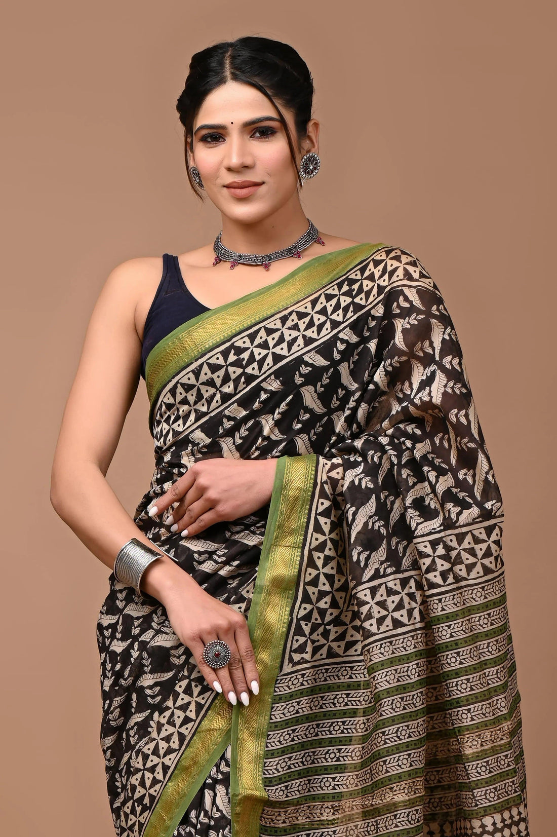 Black Maheshwari cotton silk saree with hand block print - first